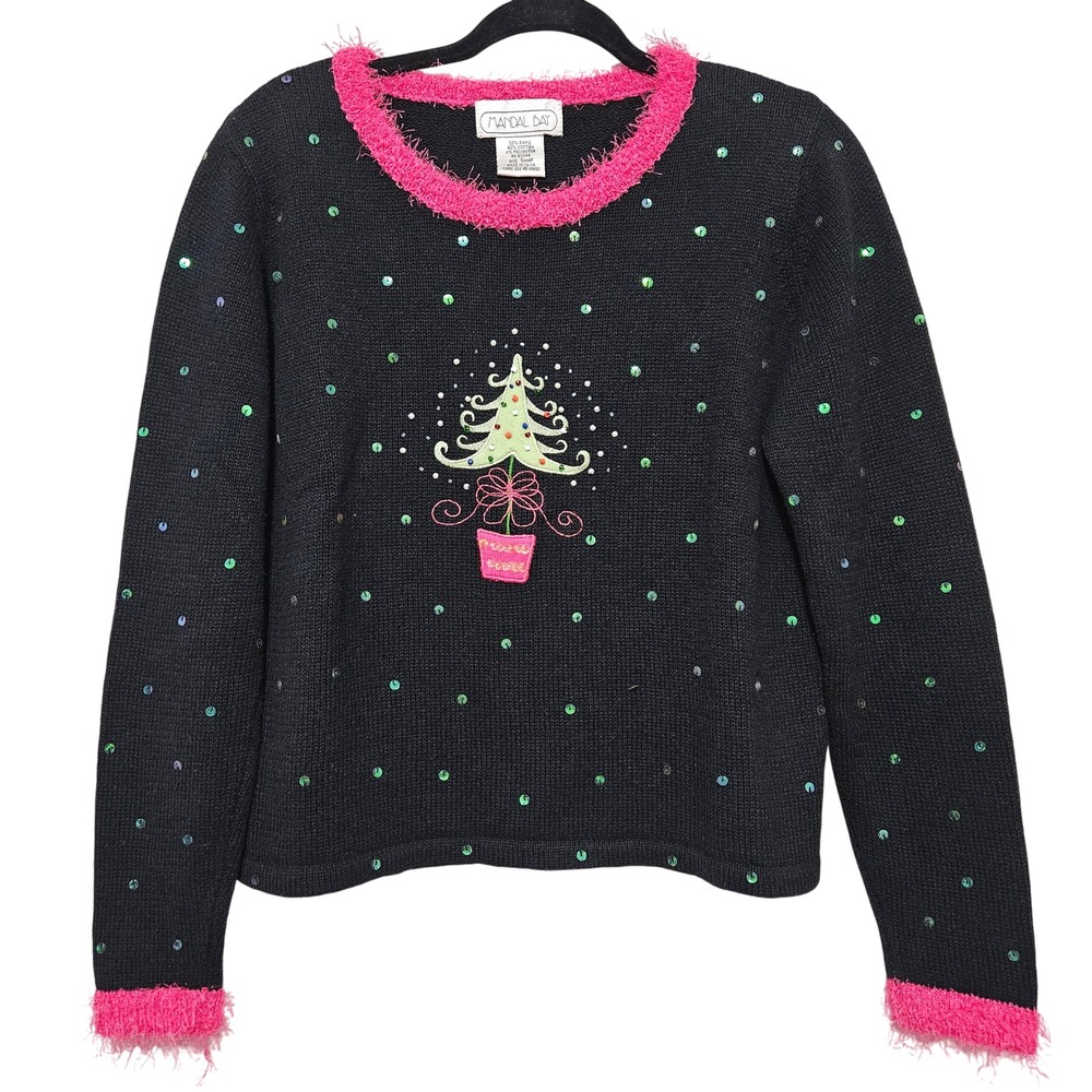 Vintage Mandal Bay Ugly Christmas Sweater S Black Sequin‎ Tree Fuzzy Pink Trim
